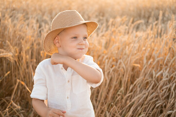 Naklejka na ściany i meble cute smiling child boy in straw hat having fun in wheat field on summer sunset. cottage core concept