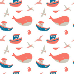 Fishing boats, seagulls, whave, fish and sea anemon on the seamless pattern. Sea vector illustration in cute flat design. For fabric, textile, wallpaper, background.