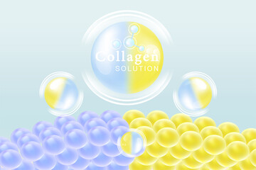 Hyaluronic acid skin solutions ad, blue and yellow collagen serum drops over skin cells with cosmetic advertising background ready to use, illustration vector.