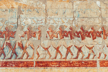 Egyptian wall murals and frescoes and paintings in Hatshepsut temple in Luxor. Religious mysteries...