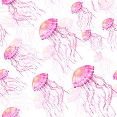 Seamless hand-drawn pattern with floating watercolor jellyfish in pink on a white background.