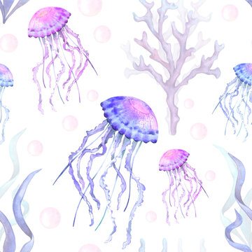 Seamless background with floating pink and blue jellyfish, coral and seaweed, bubbles on white. Watercolor illustration.