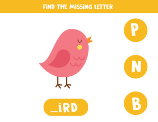 Find missing letter with pink bird. Spelling worksheet.