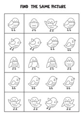 Find two the same cute pictures. Black and white worksheet.