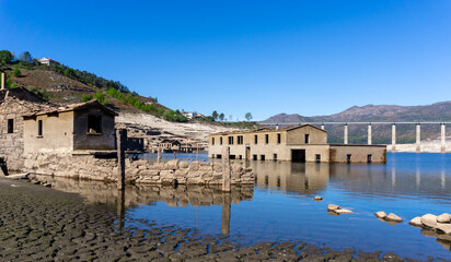 view of the ghost town of Aceredo in the Alto Lindoso reservoir