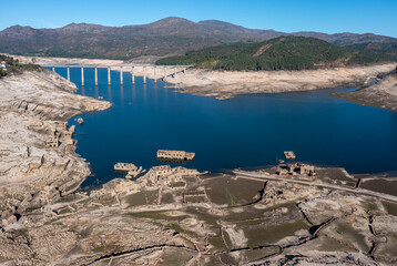 drone view of the ghost town of Aceredo in the Alto Lindoso reservoir