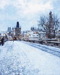 Obraz premium Prague Czechia drawing in oil city center vintage houses and architecture, Europe travel, wall art print for canvas or paper poster, tourism production design, real painting modern artistic artwork