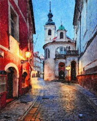 Fototapeta na wymiar Prague Czechia drawing in oil city center vintage houses and architecture, Europe travel, wall art print for canvas or paper poster, tourism production design, real painting modern artistic artwork