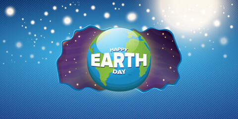 World earth day cartoon horizontal banner with earth globe isolated on violet space background with stars. Vector World earth day concept horizontal illustration with planet and stars