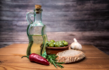 Bottle of olive oil on a table