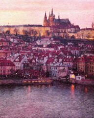 Naklejka premium Prague Czechia drawing in oil city center vintage houses and architecture, Europe travel, wall art print for canvas or paper poster, tourism production design, real painting modern artistic artwork