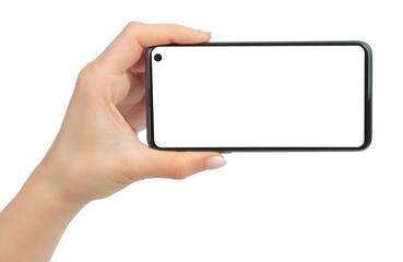 Hand holding modern Smart Phone, isolated on white background