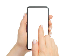 Hand touching screen of modern Smart Phone, isolated on white background