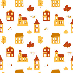 Vector seamless pattern with small cartoon houses and plants in red and yellow colors on white background. Cute illustration for wallpaper, wrapping paper, background, fabric, textile.