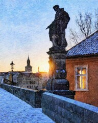 Fototapeta premium Prague Czechia drawing in oil city center vintage houses and architecture, Europe travel, wall art print for canvas or paper poster, tourism production design, real painting modern artistic artwork