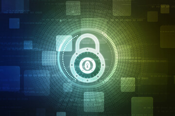 Digital Padlock on abstract technology background, Technology security concept. Modern safety digital background. Protection system, Cyber Security and safety information, personal data concept