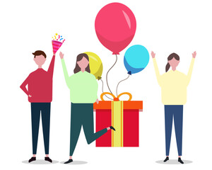 Obraz premium パーティーをする人々 誕生日パーティー プレゼントボックスと風船 パーティーする男女 / ベクターイラスト