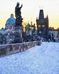 Prague Czechia drawing in oil city center vintage houses and architecture, Europe travel, wall art print for canvas or paper poster, tourism production design, real painting modern artistic artwork