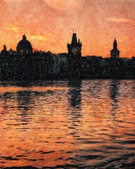 Obraz premium Prague Czechia drawing in oil city center vintage houses and architecture, Europe travel, wall art print for canvas or paper poster, tourism production design, real painting modern artistic artwork