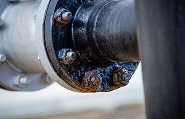 Rust damage paint and corrosion flange and bolt nut on pipeline
