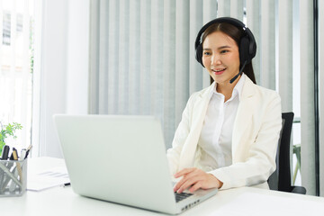 Confidence woman concept, Businesswoman wear headset to meeting with team on video conference