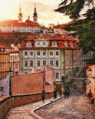 Fototapeta na wymiar Prague Czechia drawing in oil city center vintage houses and architecture, Europe travel, wall art print for canvas or paper poster, tourism production design, real painting modern artistic artwork