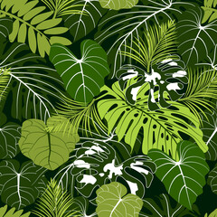 Tropical leaves seamless pattern. Vector background.
