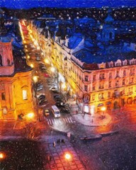 Fototapeta premium Prague Czechia drawing in oil city center vintage houses and architecture, Europe travel, wall art print for canvas or paper poster, tourism production design, real painting modern artistic artwork