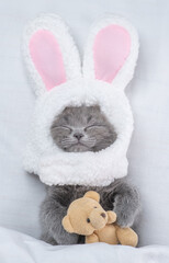 Funny kitten wearing easter rabbits ears sleeps and hugs toy bear on a bed under warm white blanket at home. Top down view