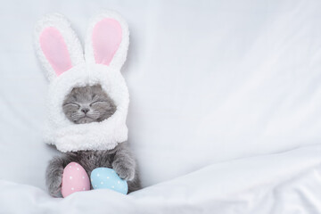 Funny kitten wearing easter rabbits ears sleeps with painted eggs on a bed under warm white blanket...