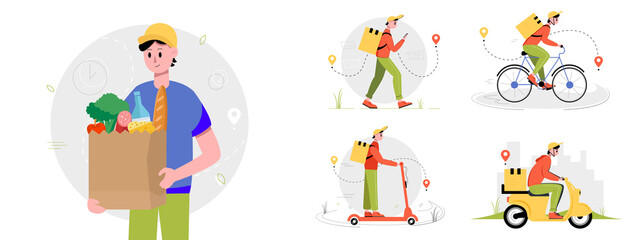 Food delivery vector illustration set. The concept of fast and free delivery. Vector illustration in cartoon style.