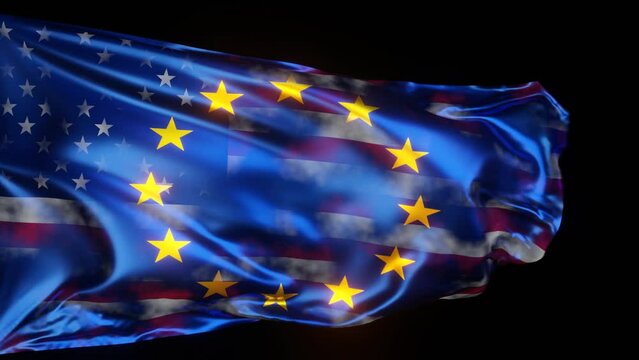 The transformation of the European flag into the American one. European flag with the texture of the American flag showing through.