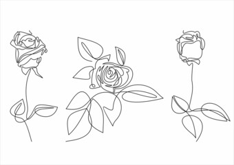 Set of 3 One line rose design.Continuous line - obrazy, fototapety, plakaty