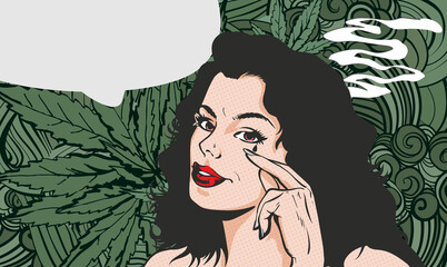 A lady with tear red eys on cannabis leafs background - 499817356