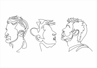 Set of abstract male portraits, side view. vector illustration. Continuous line