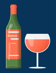Set of a green bottle and a glass glass with pink wine made of peach. A drink for celebrating events. Vector illustration in a simple cartoon style