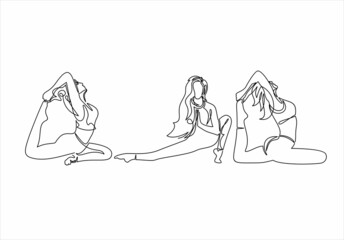 Set Continuous line drawing. Woman doing exercise in yoga pose. Vector Illustration