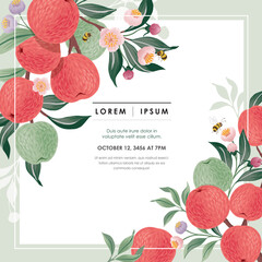  Vector illustration of a frame with apple fruits and flowers. 			