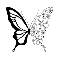 drawing butterfly and flowers, line art vector monochrome illustration isolated on white