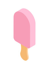 Pink ice cream on wooden stick covered by glaze minimalist isometric vector illustration. 3d icon popsicle iced cool sweet dessert creamy dairy refreshing traditional summer treat frost delicious