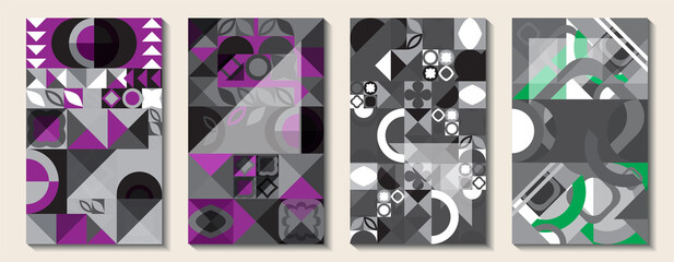 Modern geometric abstract templates for placing text. Dark gray textures with green and purple elements