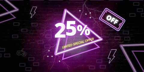 25% off limited special offer. Banner with twenty five percent discount on a black background with purple triangles neon
