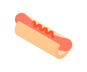 Fresh hot dog traditional American fast food menu with bun sausage and ketchup 3d icon minimalist vector illustration. Tasty meal snack delicious dinner isolated. Logotype for cafe restaurant eatery