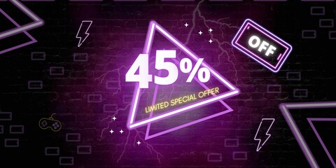 45% off limited special offer. Banner with forty five percent discount on a black background with purple triangles neon