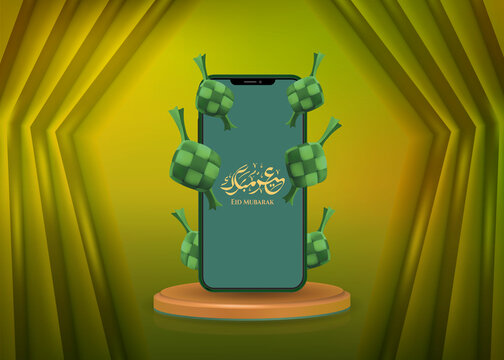 Eid Mubarak Social Media Post With Smartphone And 3d Podium Display Product