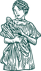 Fototapeta na wymiar vintage illustration of beautiful woman holding bread