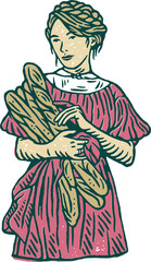 vintage illustration of beautiful woman holding bread