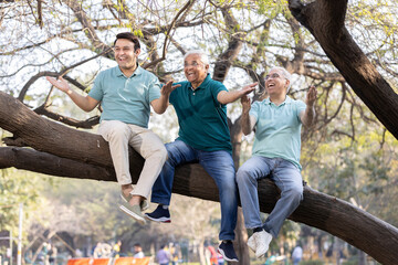 Two senior man with son having fun while sitting on tree branch at park