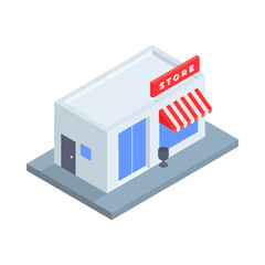Isometric shopping store exterior with awning street board advertising minimalist 3d icon vector illustration. Architecture business building facade. Market, supermarket, mall, commerce retail