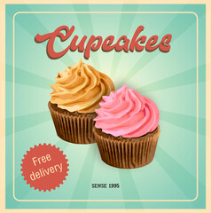 Vintage cupcake poster design. Muffin on vintage background. Vector illustration